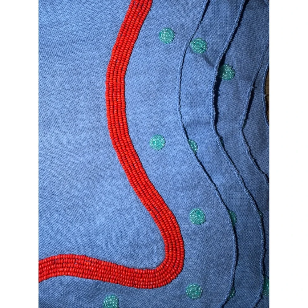 Susan Alexandra New York Beaded Linen Scalloped Napkins Set of 2 Blue Red Wavy